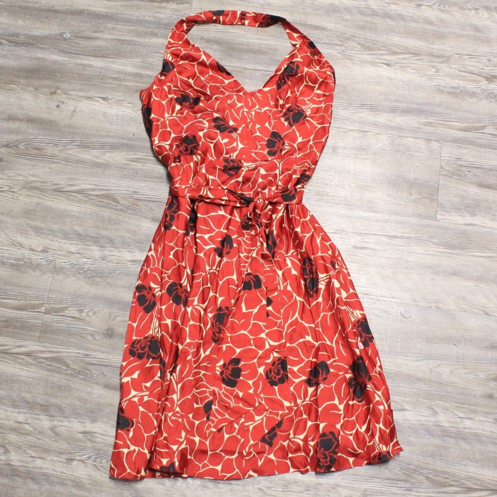 Ann Taylor Petites Dress 6P Red Floral Halter Fit and Flare V-Neck Belted NWT